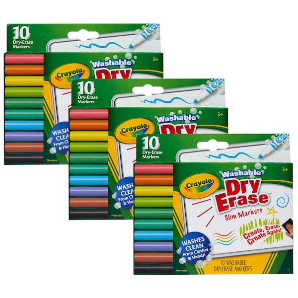 Washable Slim Dry Erase Markers, 10 Colors, 30PK
